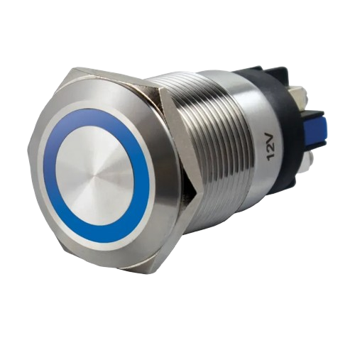 Bouton poussoir, Ø 19 mm, en acier inoxydable, bornes à vis, halo bleu (BP-LU/VIS)