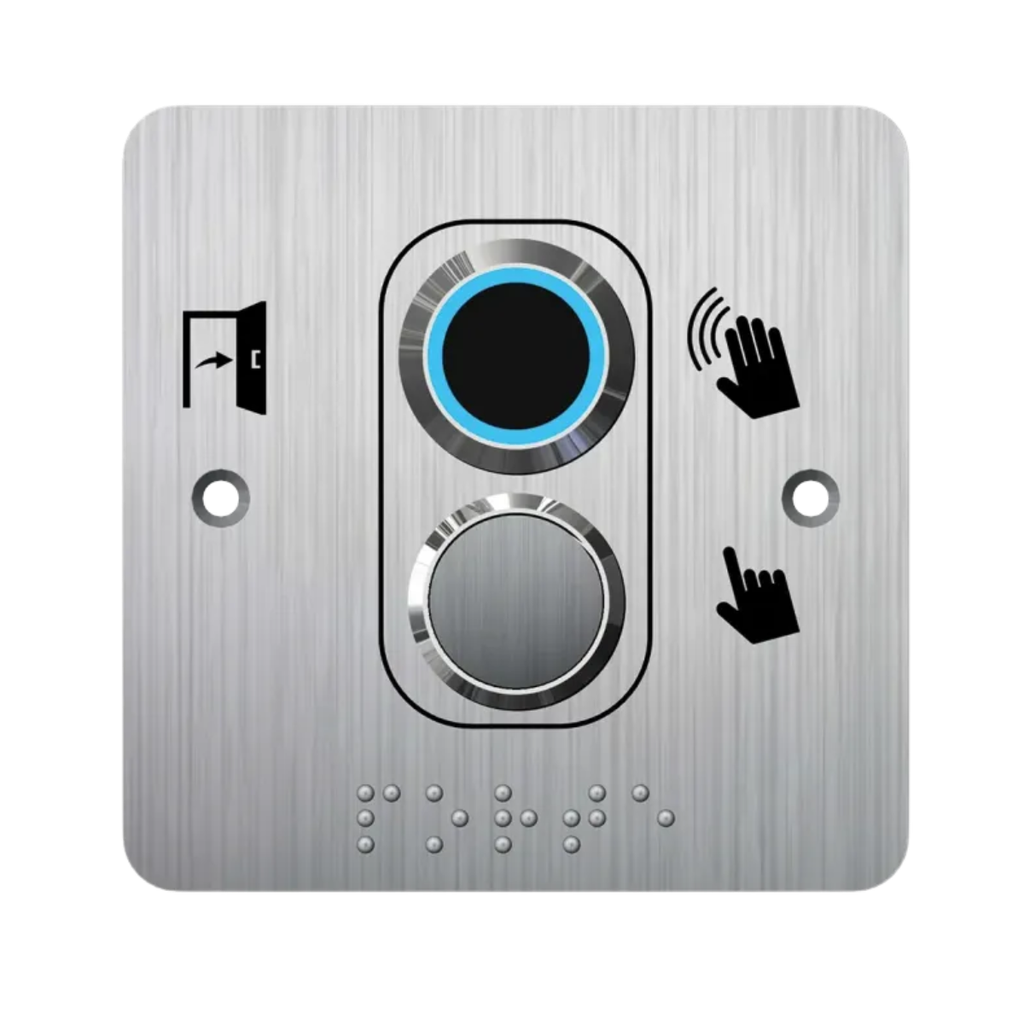 Bouton poussoir + Capteur infrarouge PMR, Ø 19 mm, sans contact sur plaque carrée, 12 à 24 V