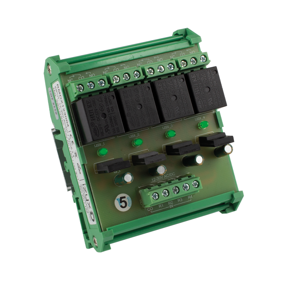 Relais RailDin 12-30V AC/DC - 4 relais/LED - Max.250VAC/10A-30VDC/10A (RMDX123004)
