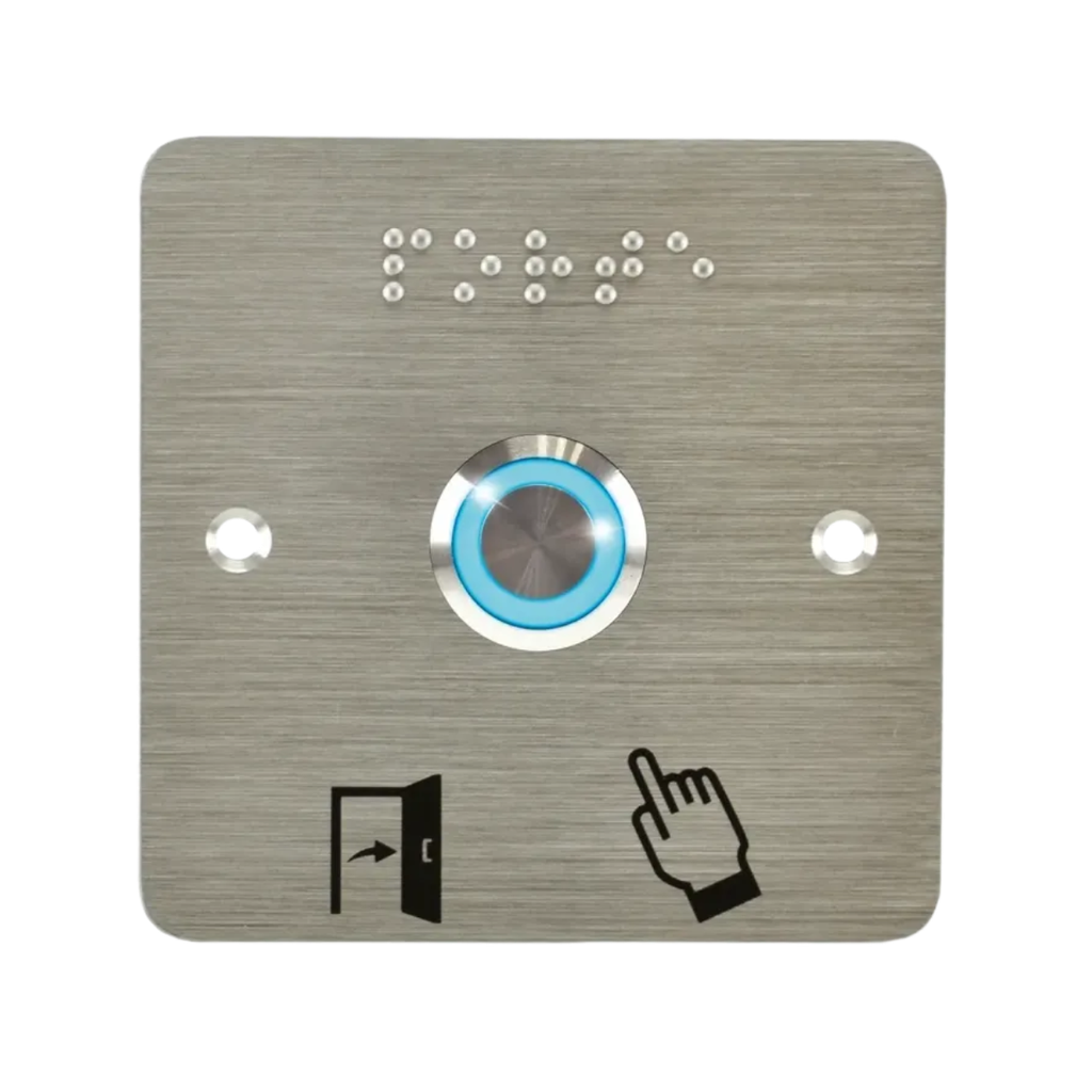 Bouton poussoir, Ø 19 mm, en acier inoxydable, bornes à vis, halo bleu, sur plaque carrée