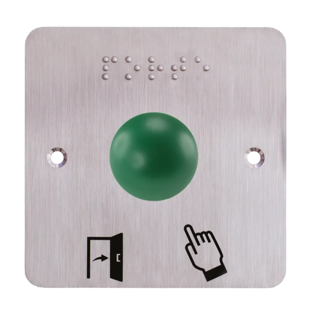 Bouton poussoir ergonomique, dôme vert en aluminium, sur plaque carrée