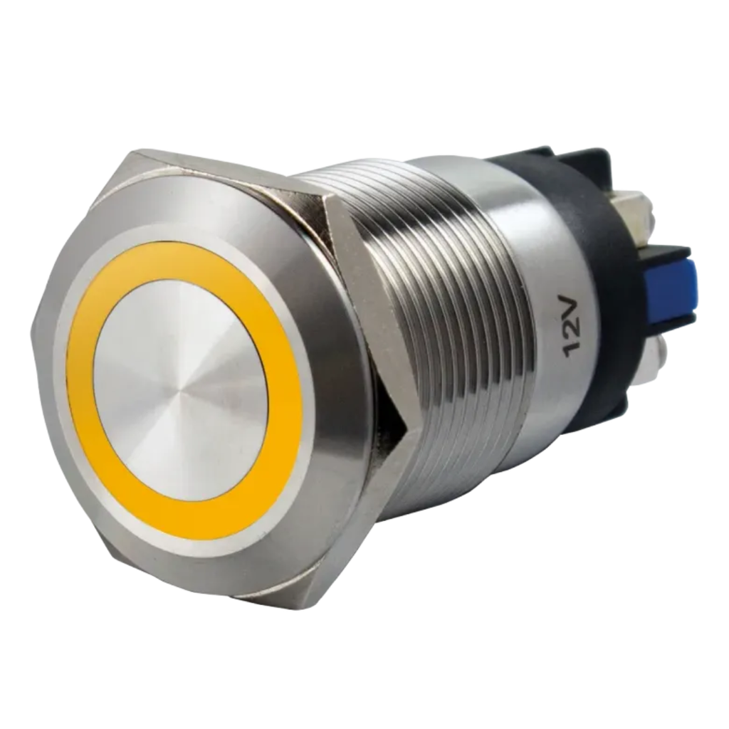 Bouton poussoir, Ø 19 mm, en acier inoxydable, bornes à vis, halo jaune