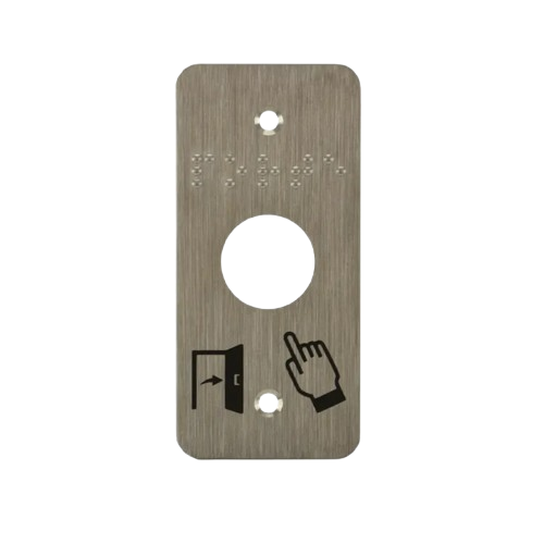 Plaque acier inoxydable 39,5 x 84,5 mm, perçage Ø 19 mm, picto "Porte + doigt" et "PORTE" en braille (SSP101)