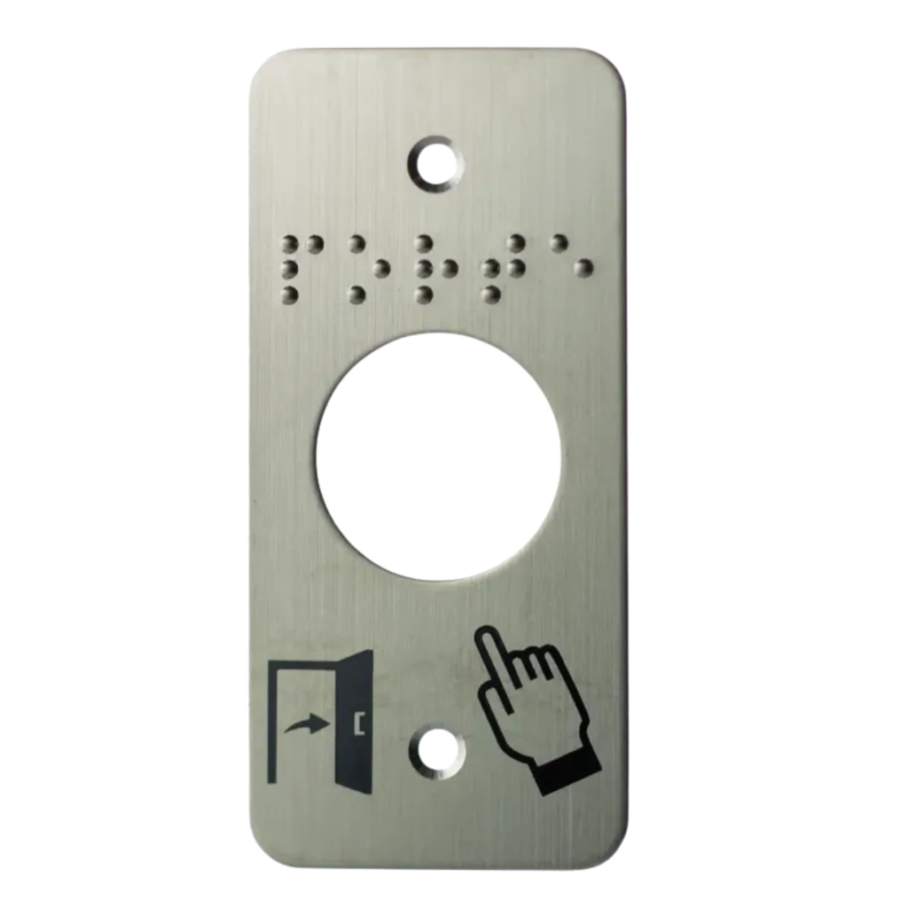 Plaque acier inoxydable 39,5 x 84,5 mm, perçage Ø 25 mm, picto "Porte + doigt" et "PORTE" en braille (SSP125)
