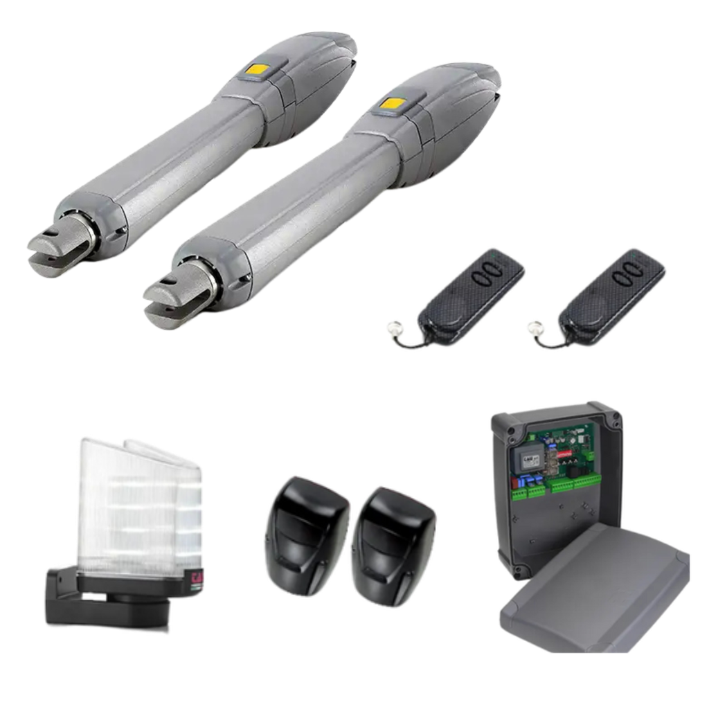 Kit 2 vérins 24V+centrale+2 émetteurs+flash+cellules-2x3m max (KITARM250BR)