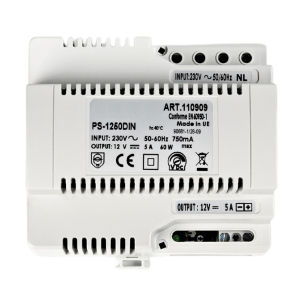PS1250DIN Alimentation modulaire 230 Vac / 12 Vcc - 5 A, fixation rail DIN 6 modules