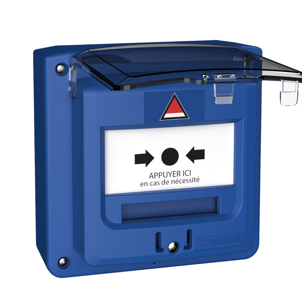 Déclencheur Manuel (DM) bleu Risque Majeur à piles Radio Adressable Connecté Etanche + Capot