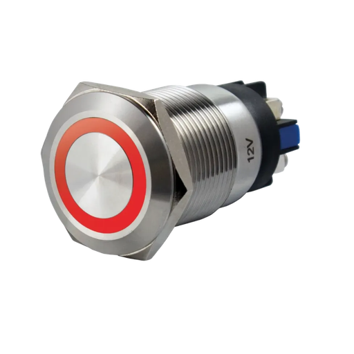 [SS19R12] Bouton poussoir, Ø 19 mm, en acier inoxydable, bornes à vis, halo rouge