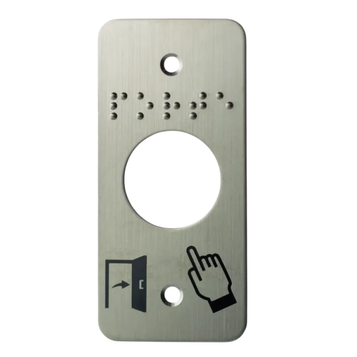 [SSP125] Plaque acier inoxydable 39,5 x 84,5 mm, perçage Ø 25 mm, picto "Porte + doigt" et "PORTE" en braille (SSP125)