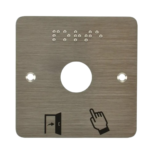 [SSP201] Plaque acier inoxydable 80 x 80 mm, perçage Ø 19 mm, picto "Porte + doigt" et "PORTE" en braille (SSP201)