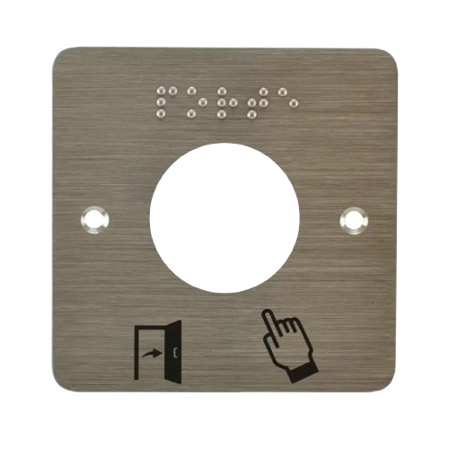 [SSP231] Plaque acier inoxydable 80 x 80 mm, perçage Ø 38 mm, picto "Porte + doigt" et "PORTE" en braille (SSP231)